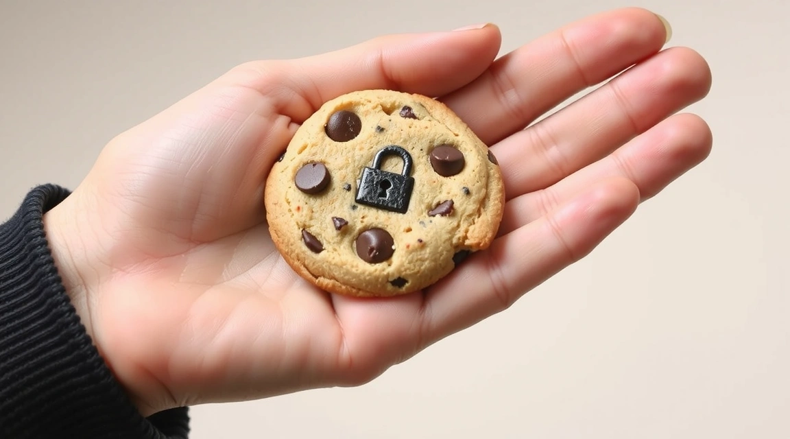 Mână ținând un fursec cu simbolul unui cookie digital pe el, reprezentând politica de utilizare a cookie-urilor și confidențialitatea online.